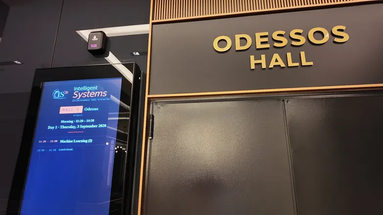 Programme screen at the entrance of Odessos Hall