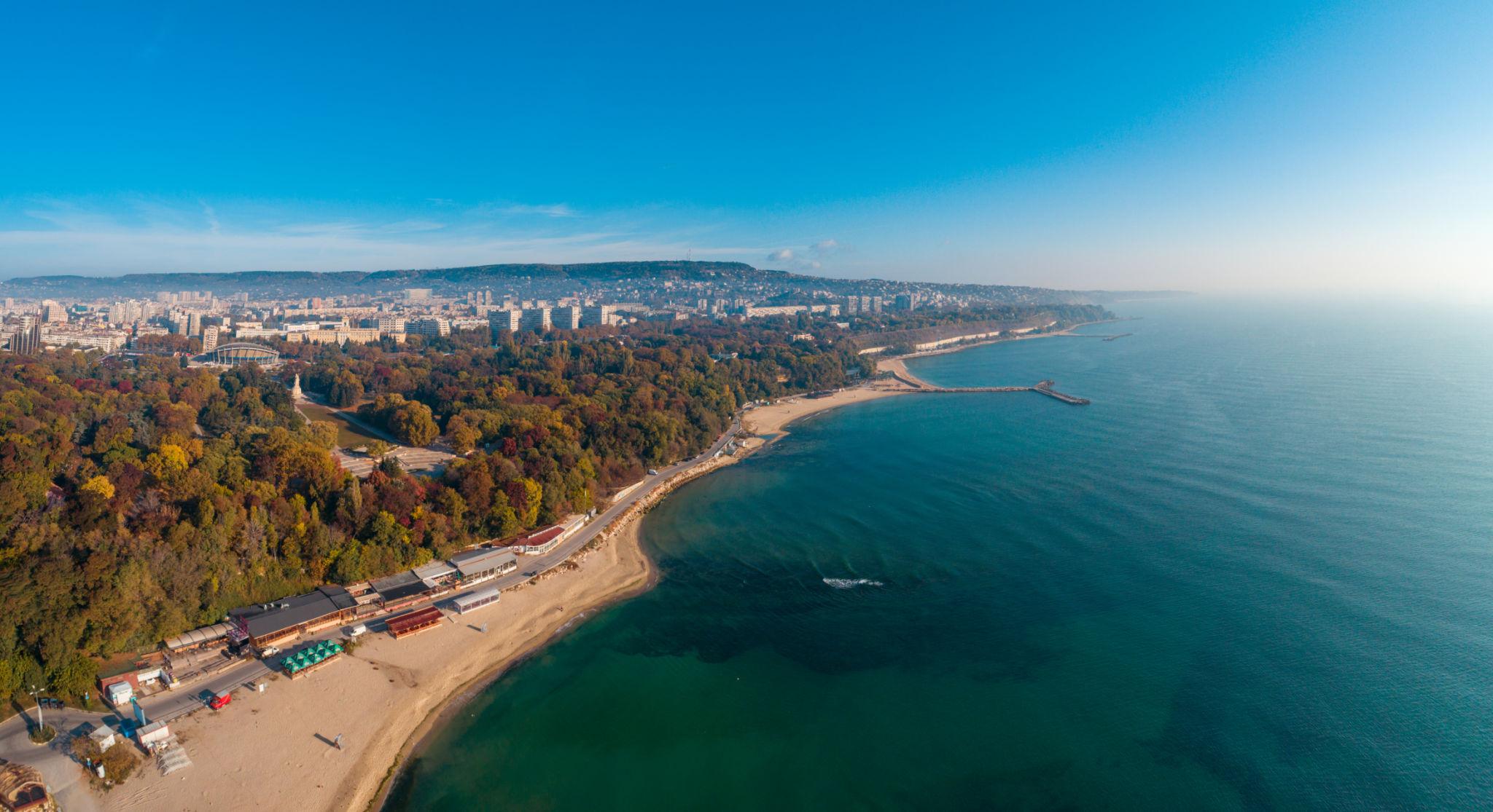 Aerial panorama of the Varna coastline with the Sea Garden and Black Sea