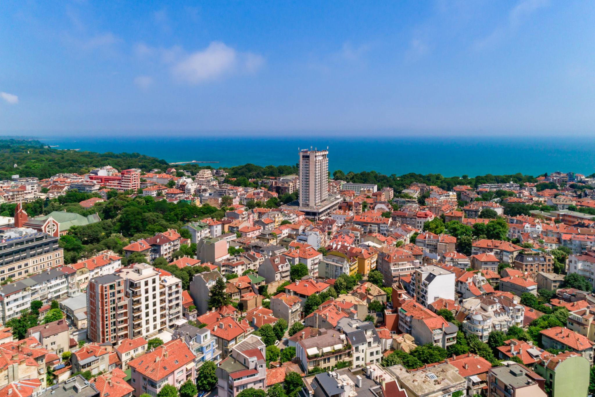 Aerial view of central Varna, with Hotel Cherno More tower and the Black Sea horizon